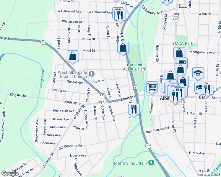 map of restaurants, bars, coffee shops, grocery stores, and more near 826 Lowder Street in Albemarle
