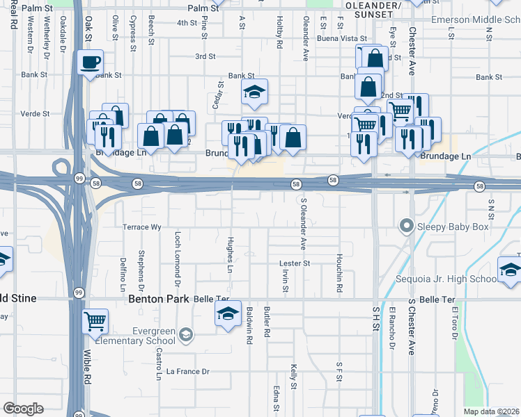 map of restaurants, bars, coffee shops, grocery stores, and more near 2291 Brite Street in Bakersfield