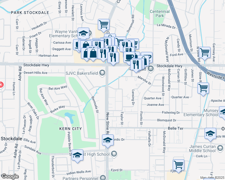 map of restaurants, bars, coffee shops, grocery stores, and more near 300 Demaret Avenue in Bakersfield