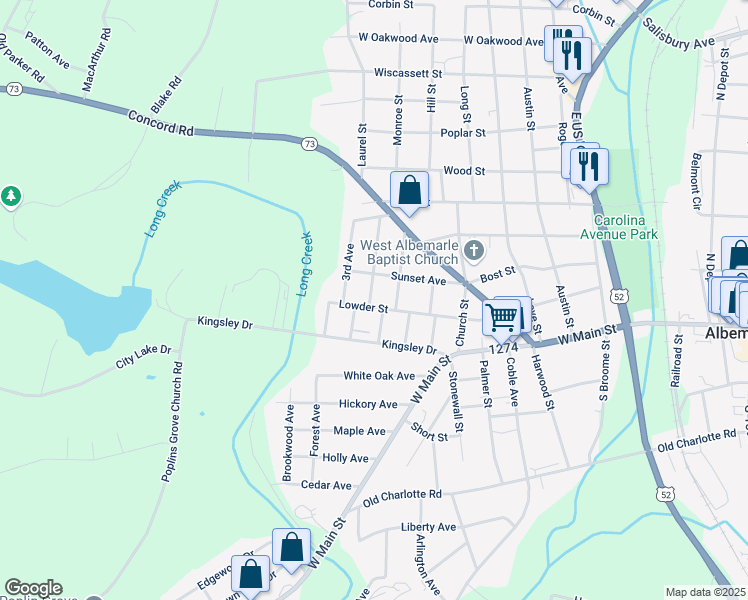 map of restaurants, bars, coffee shops, grocery stores, and more near 222 2nd Avenue in Albemarle