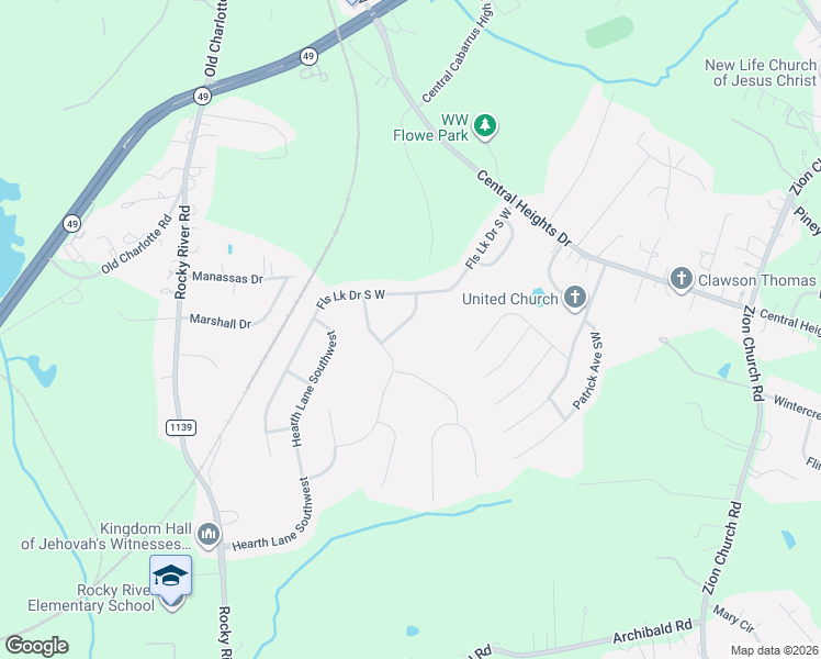 map of restaurants, bars, coffee shops, grocery stores, and more near 4319 Falls Lake Drive South West in Concord