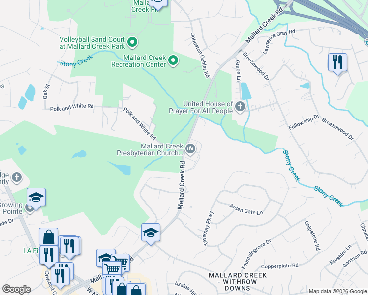map of restaurants, bars, coffee shops, grocery stores, and more near 11401 Mallard Creek Road in Charlotte