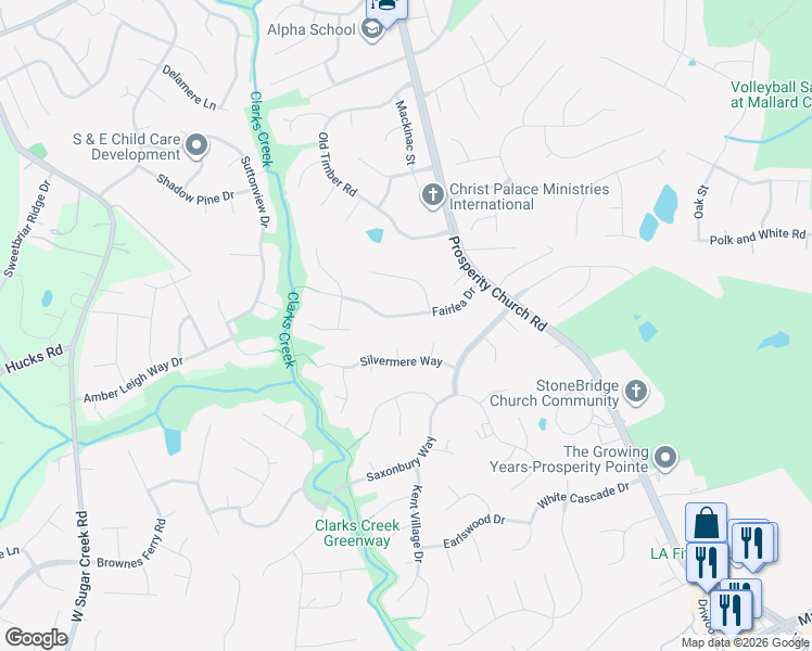 map of restaurants, bars, coffee shops, grocery stores, and more near 10019 Fairlea Drive in Charlotte