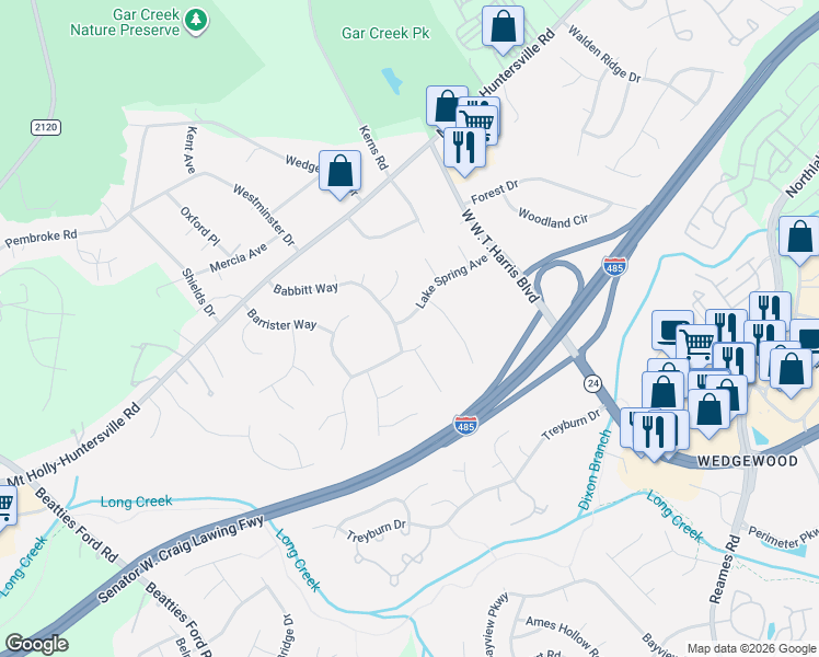 map of restaurants, bars, coffee shops, grocery stores, and more near 9104 Whittel Place in Charlotte