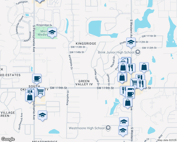 map of restaurants, bars, coffee shops, grocery stores, and more near 11629 Cedar Valley Drive in Oklahoma City