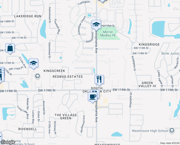 map of restaurants, bars, coffee shops, grocery stores, and more near 2117 Avian Way in Oklahoma City