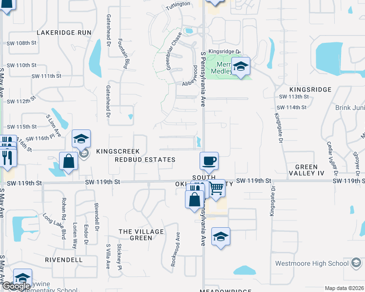 map of restaurants, bars, coffee shops, grocery stores, and more near 2117 Avian Way in Oklahoma City