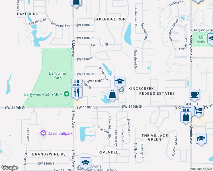 map of restaurants, bars, coffee shops, grocery stores, and more near 11612 South Linn Avenue in Oklahoma City