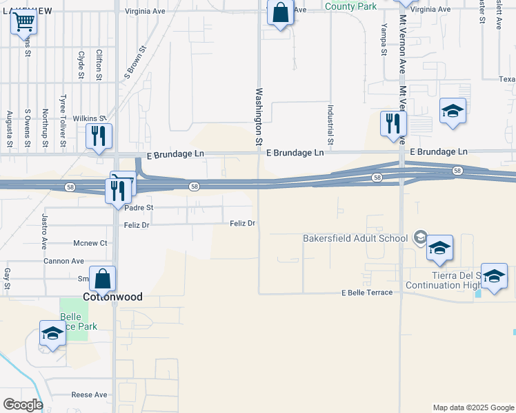 map of restaurants, bars, coffee shops, grocery stores, and more near 0 Washington Street in Bakersfield