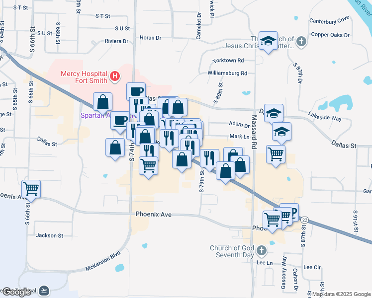 map of restaurants, bars, coffee shops, grocery stores, and more near 7723 Rogers Avenue in Fort Smith