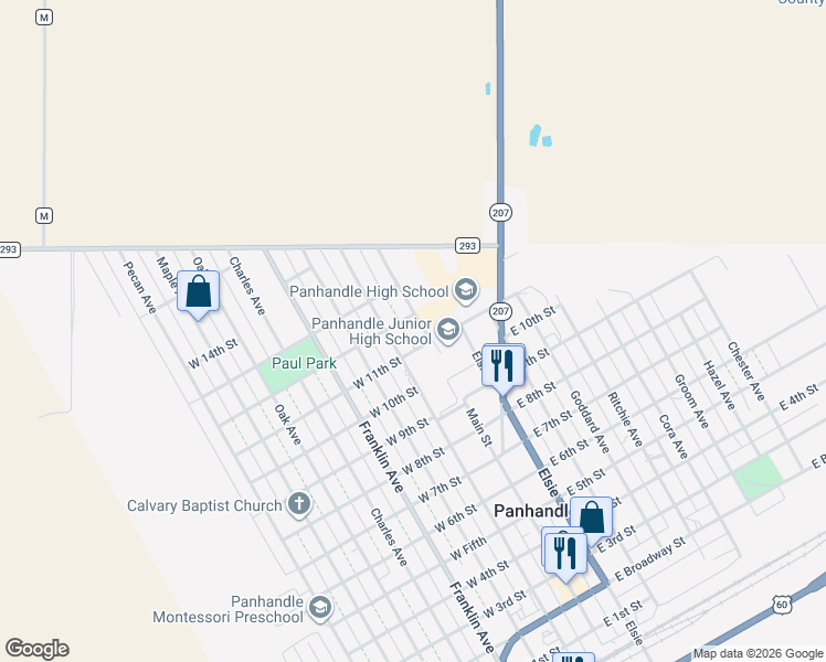 map of restaurants, bars, coffee shops, grocery stores, and more near 1205 Main Street in Panhandle