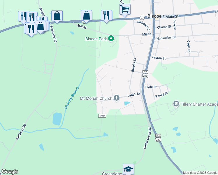 map of restaurants, bars, coffee shops, grocery stores, and more near 525 Tommy Street in Biscoe