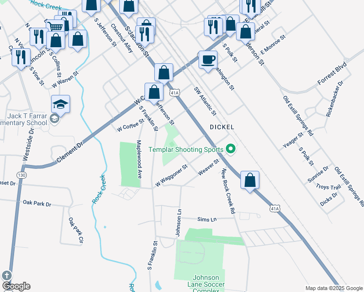 map of restaurants, bars, coffee shops, grocery stores, and more near 816 South Jefferson Street in Tullahoma