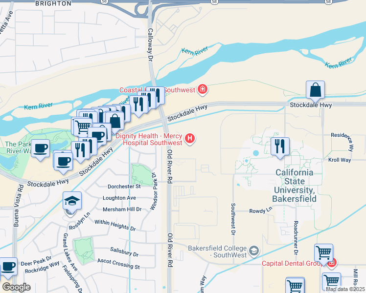 map of restaurants, bars, coffee shops, grocery stores, and more near 500 Old River Road in Bakersfield