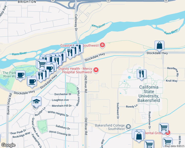 map of restaurants, bars, coffee shops, grocery stores, and more near 500 Old River Road in Bakersfield
