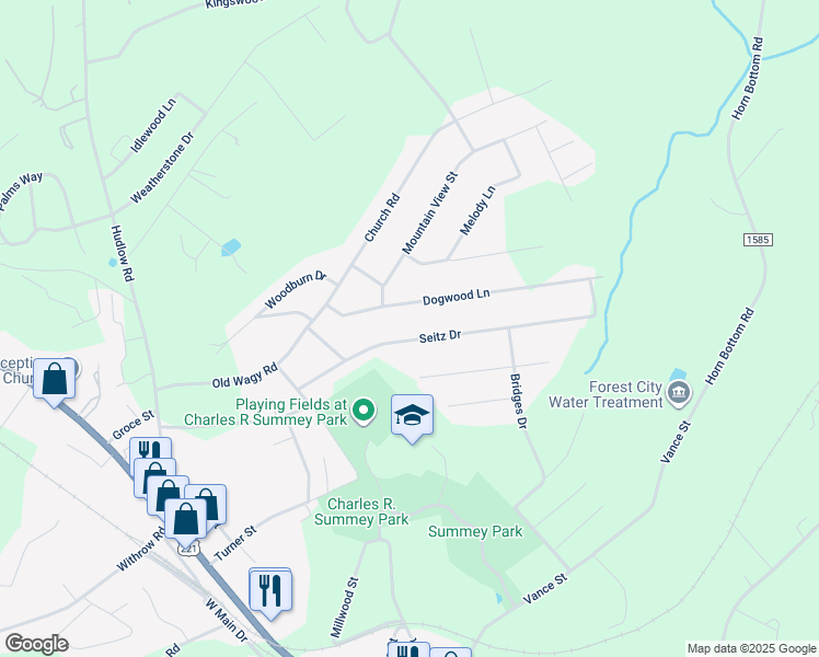 map of restaurants, bars, coffee shops, grocery stores, and more near 247 Seitz Drive in Forest City