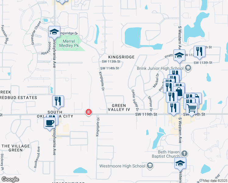 map of restaurants, bars, coffee shops, grocery stores, and more near 1301 Southwest 116th Place in Oklahoma City