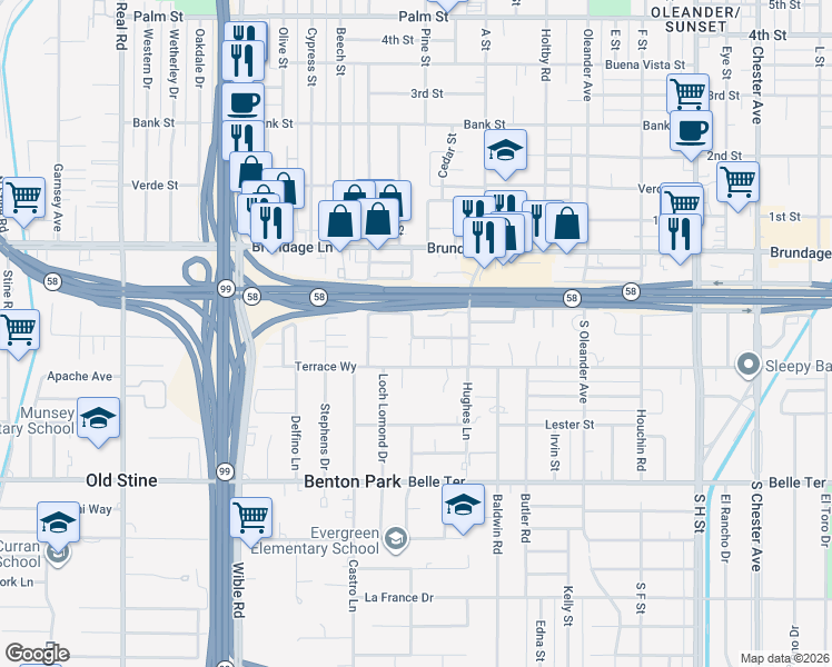 map of restaurants, bars, coffee shops, grocery stores, and more near 305 Dixon Avenue in Bakersfield
