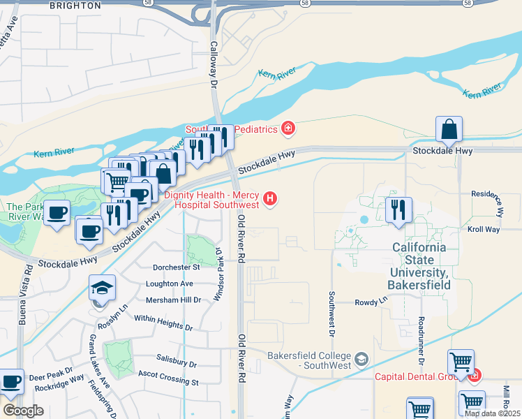 map of restaurants, bars, coffee shops, grocery stores, and more near 500 Old River Road in Bakersfield