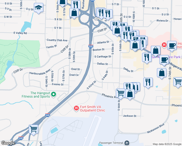 map of restaurants, bars, coffee shops, grocery stores, and more near 3112 South 62nd Street in Fort Smith