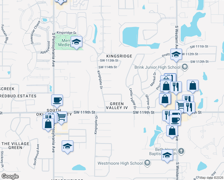 map of restaurants, bars, coffee shops, grocery stores, and more near 1301 Southwest 116th Place in Oklahoma City