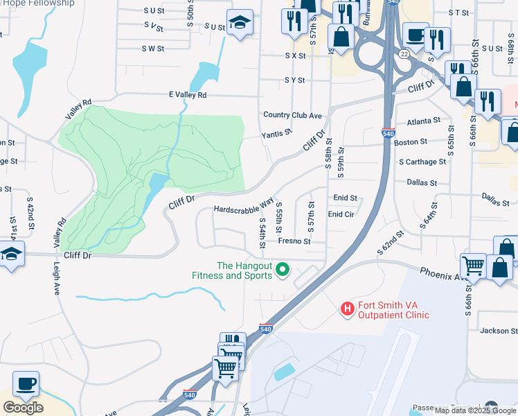 map of restaurants, bars, coffee shops, grocery stores, and more near 5311 Hardscrabble Way in Fort Smith