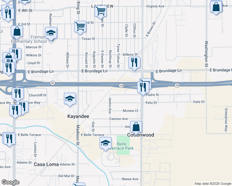 map of restaurants, bars, coffee shops, grocery stores, and more near 1006 Padre Street in Bakersfield