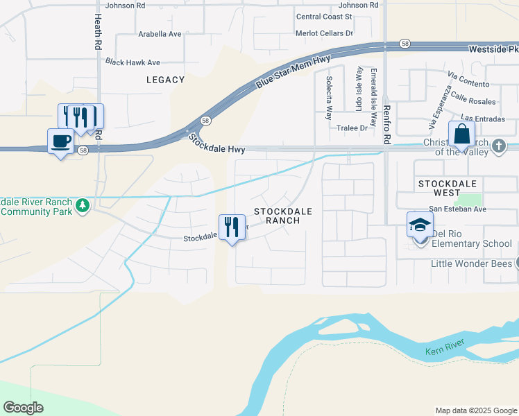 map of restaurants, bars, coffee shops, grocery stores, and more near 15117 Kingsbury Court in Bakersfield