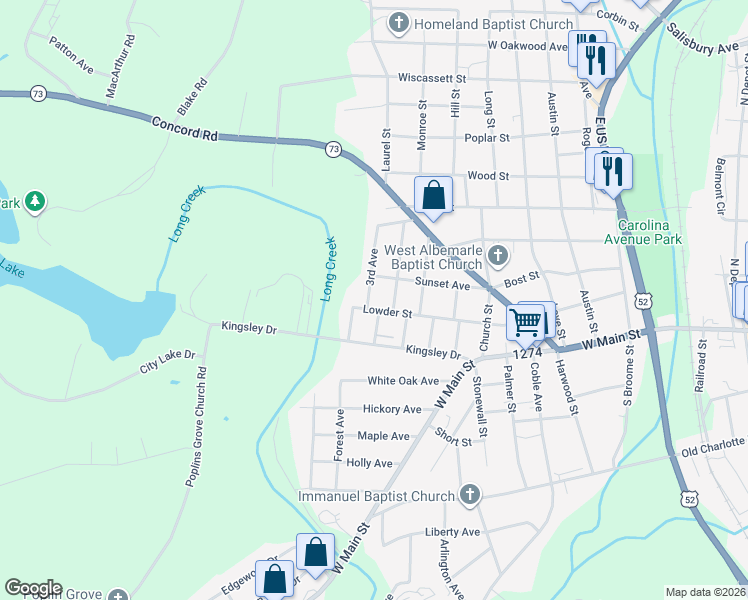 map of restaurants, bars, coffee shops, grocery stores, and more near 1725 Sunset Avenue in Albemarle