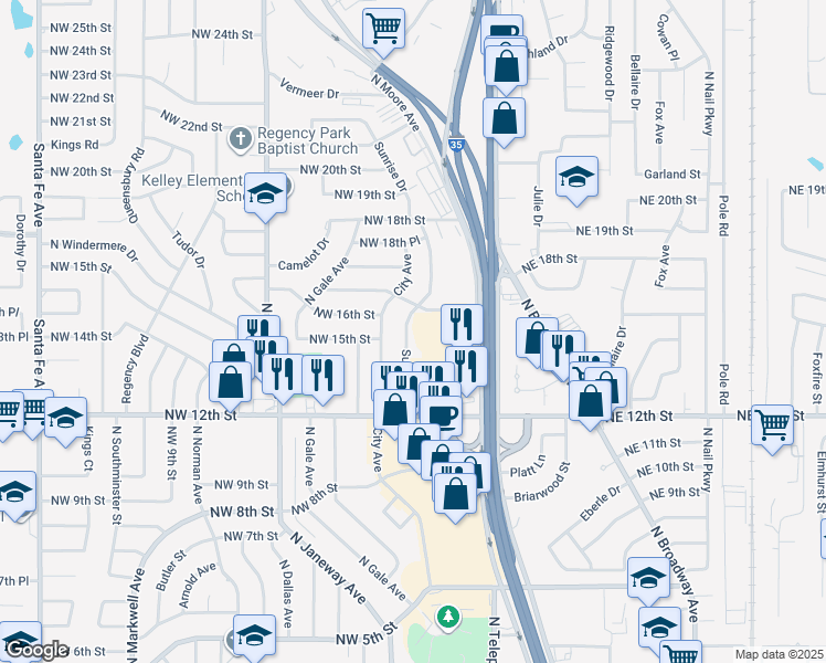 map of restaurants, bars, coffee shops, grocery stores, and more near 612 Northwest 17th Street in Moore