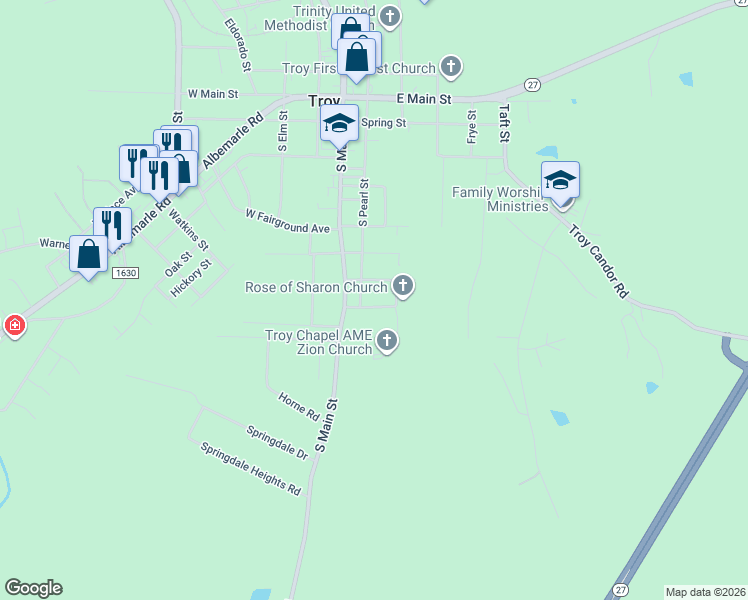 map of restaurants, bars, coffee shops, grocery stores, and more near 701 South Pearl Street in Troy