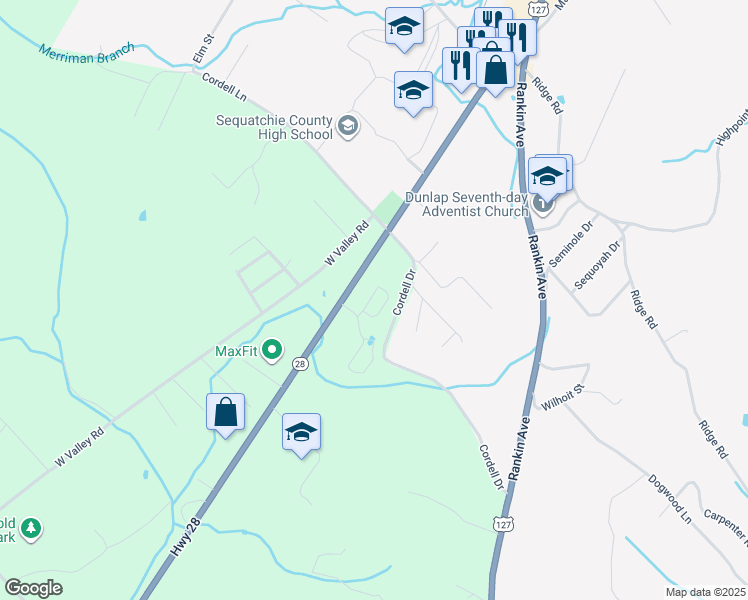 map of restaurants, bars, coffee shops, grocery stores, and more near 6808 Tennessee 28 in Dunlap