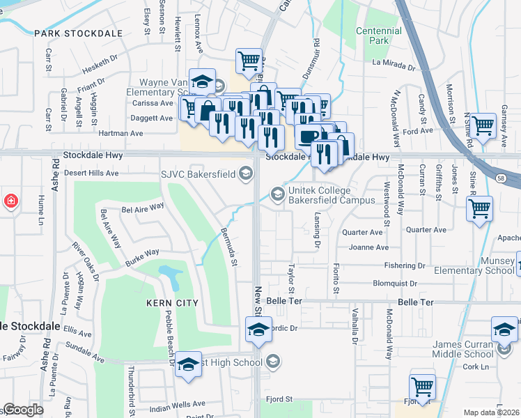 map of restaurants, bars, coffee shops, grocery stores, and more near 5301 Demaret Avenue in Bakersfield