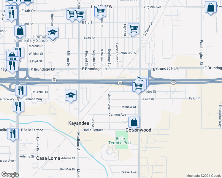 map of restaurants, bars, coffee shops, grocery stores, and more near 1000 Padre Street in Bakersfield