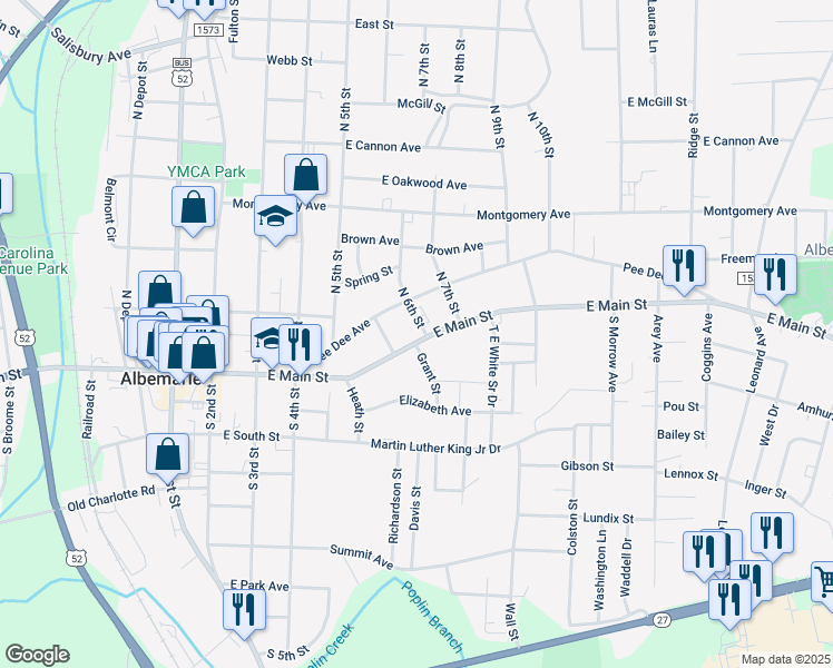 map of restaurants, bars, coffee shops, grocery stores, and more near 625 East Main Street in Albemarle