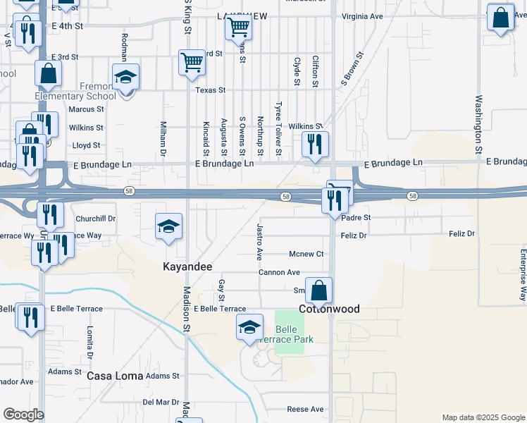 map of restaurants, bars, coffee shops, grocery stores, and more near 1000 Padre Street in Bakersfield