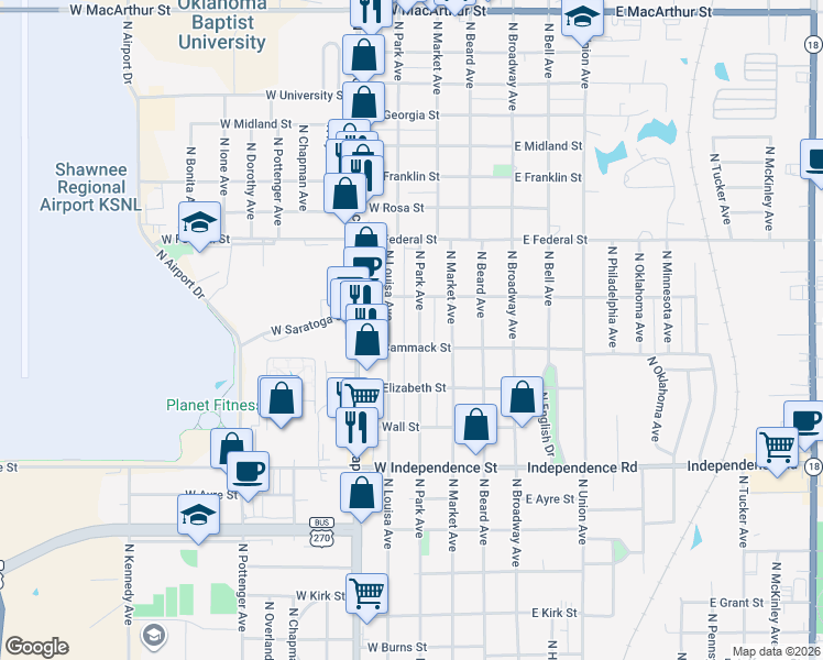map of restaurants, bars, coffee shops, grocery stores, and more near 1825 North Park Avenue in Shawnee