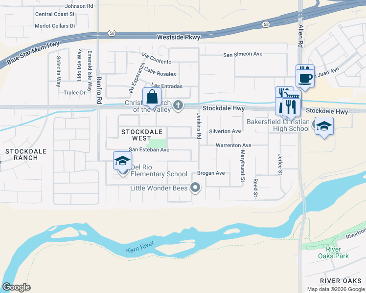 map of restaurants, bars, coffee shops, grocery stores, and more near 13805 Veracruz Drive in Bakersfield