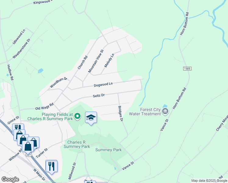 map of restaurants, bars, coffee shops, grocery stores, and more near 351 Seitz Drive in Forest City