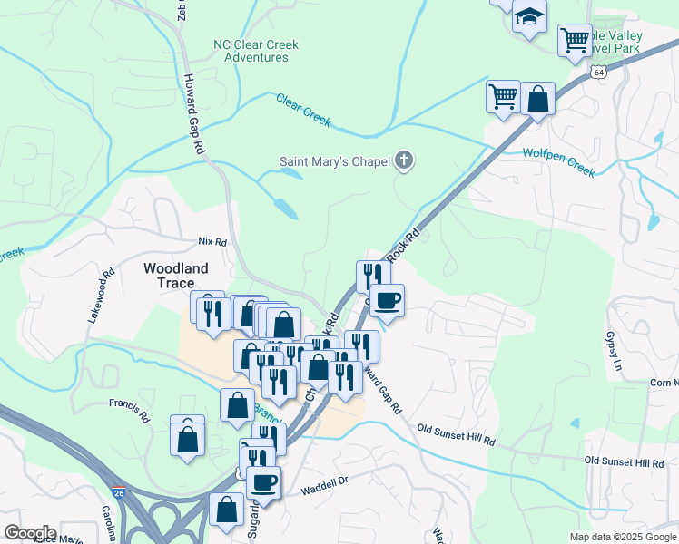 map of restaurants, bars, coffee shops, grocery stores, and more near 2601 Chimney Rock Road in Hendersonville