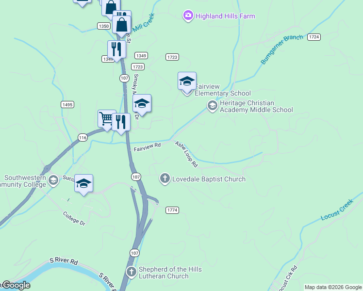map of restaurants, bars, coffee shops, grocery stores, and more near State Road 1727 in Sylva