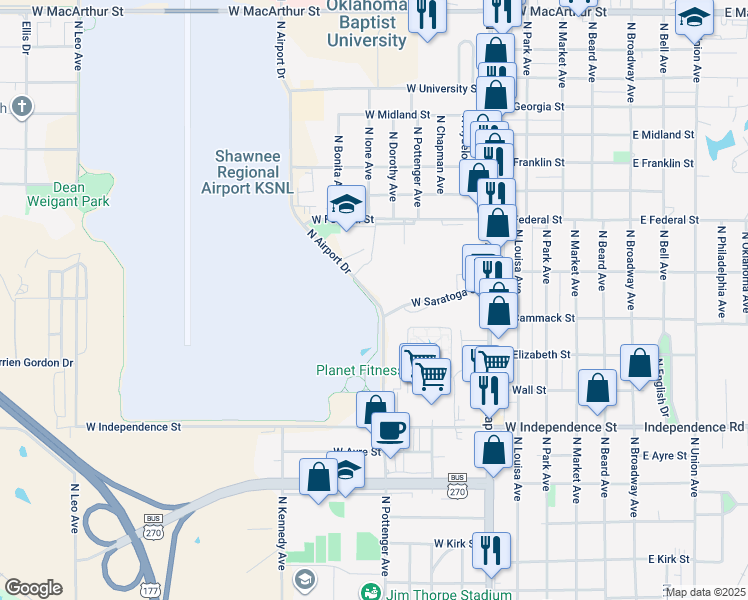 map of restaurants, bars, coffee shops, grocery stores, and more near 1831 North Airport Drive in Shawnee