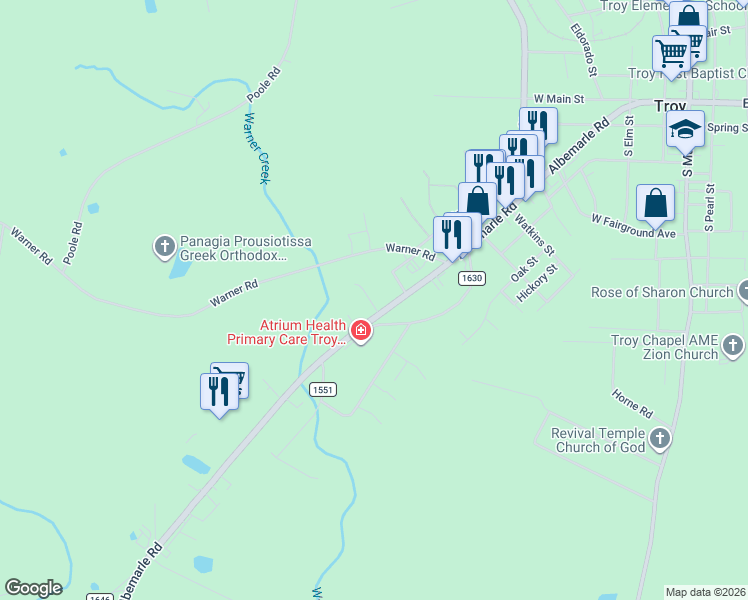 map of restaurants, bars, coffee shops, grocery stores, and more near 806 Albemarle Road in Troy