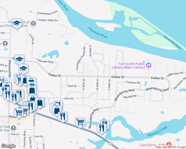 map of restaurants, bars, coffee shops, grocery stores, and more near 9521 Dallas Street in Fort Smith
