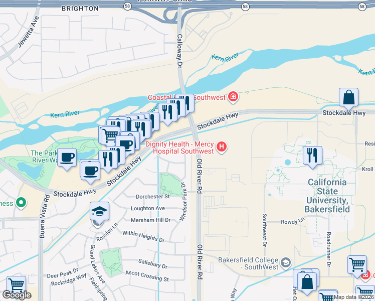 map of restaurants, bars, coffee shops, grocery stores, and more near 310 Lewisham Street in Bakersfield