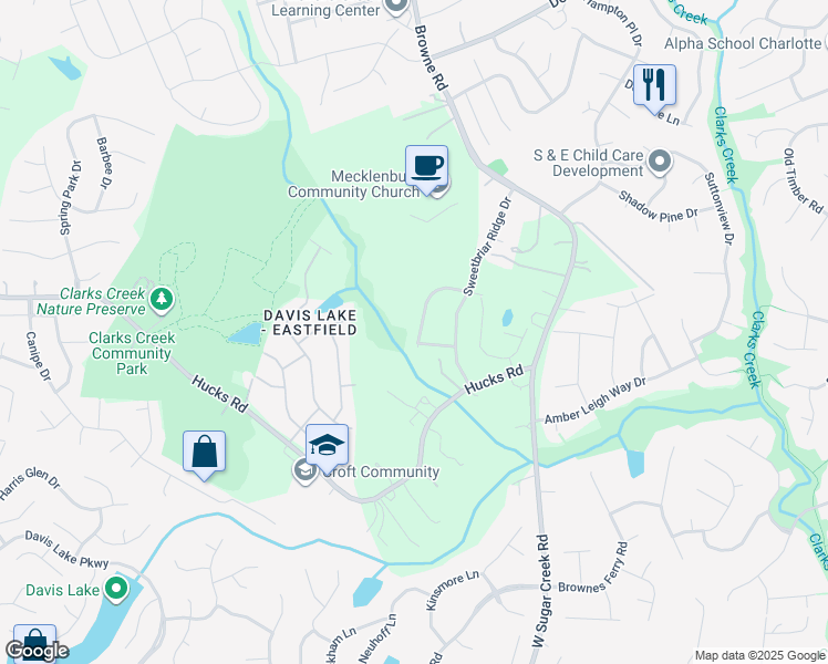 map of restaurants, bars, coffee shops, grocery stores, and more near 7821 Sweet Grove Court in Charlotte