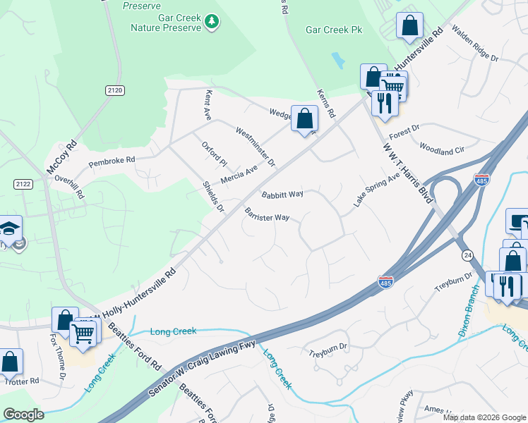 map of restaurants, bars, coffee shops, grocery stores, and more near 9235 Babbitt Way in Charlotte