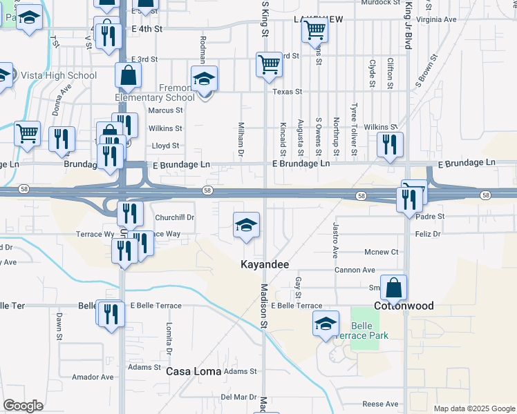 map of restaurants, bars, coffee shops, grocery stores, and more near 124 Madison Street in Bakersfield