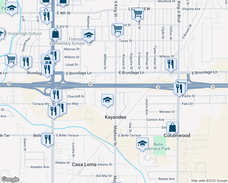 map of restaurants, bars, coffee shops, grocery stores, and more near 124 Madison Street in Bakersfield