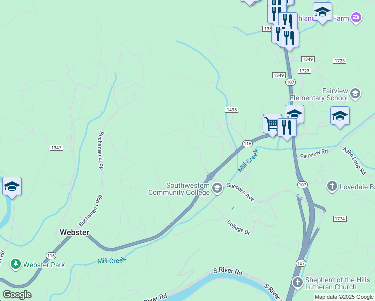 map of restaurants, bars, coffee shops, grocery stores, and more near 201 Bonnie Lane in Sylva
